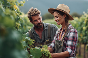 Smiling couple harvests green grapes, a Nature Photo by MistyDay