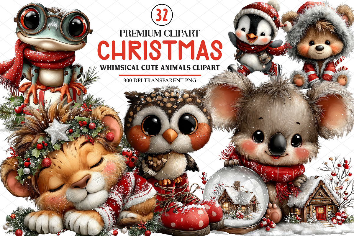 Cute Animals Christmas Clipart, an Illustration by cherrydesign (Photo 1 of 4)