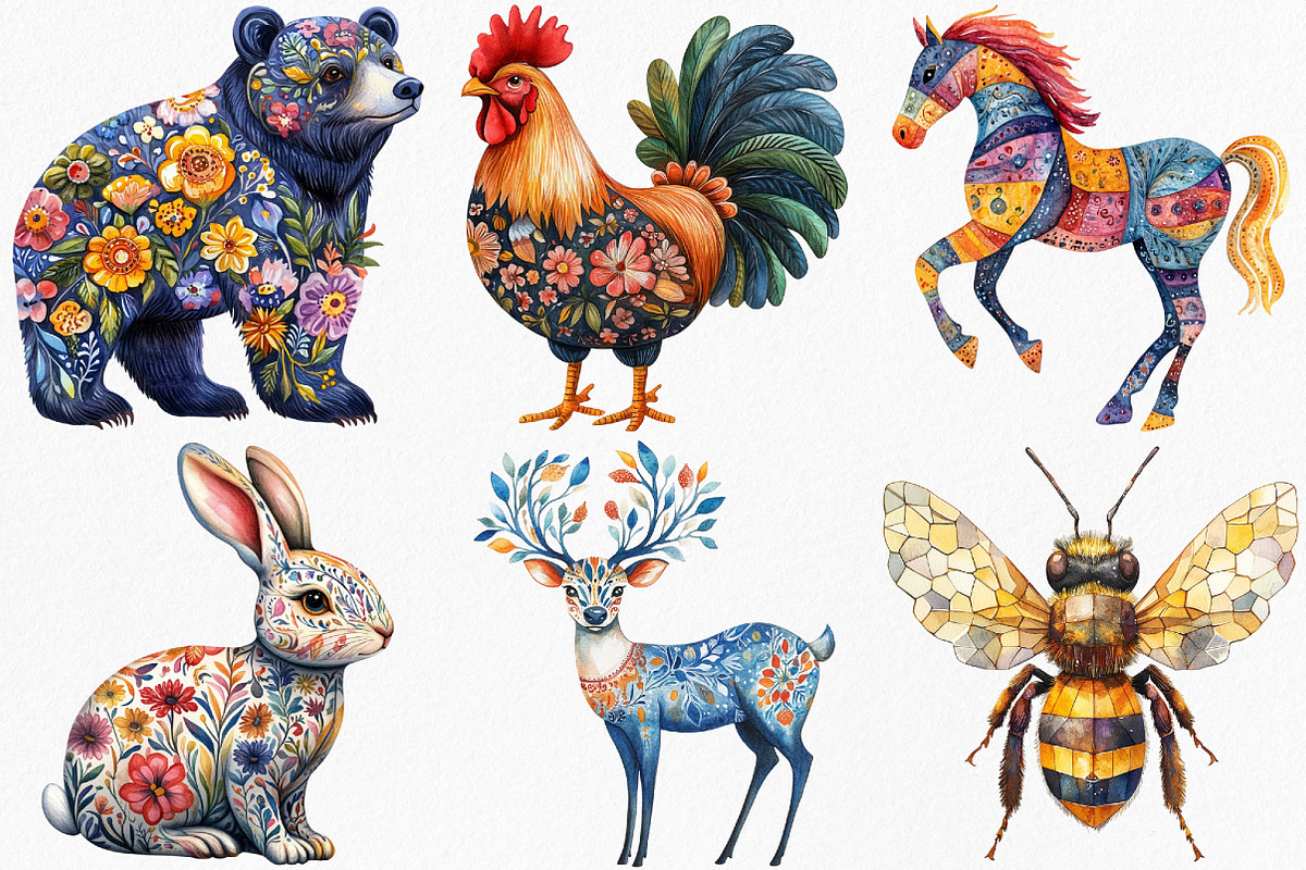 Watercolor Folk Art Animals Clipart, an Illustration by Canvas Craft (Photo 4 of 8)