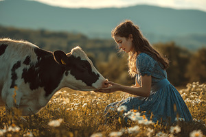 Woman Feeding Cow in Scenic Meadow, a Nature Photo by Ocean Digital Art