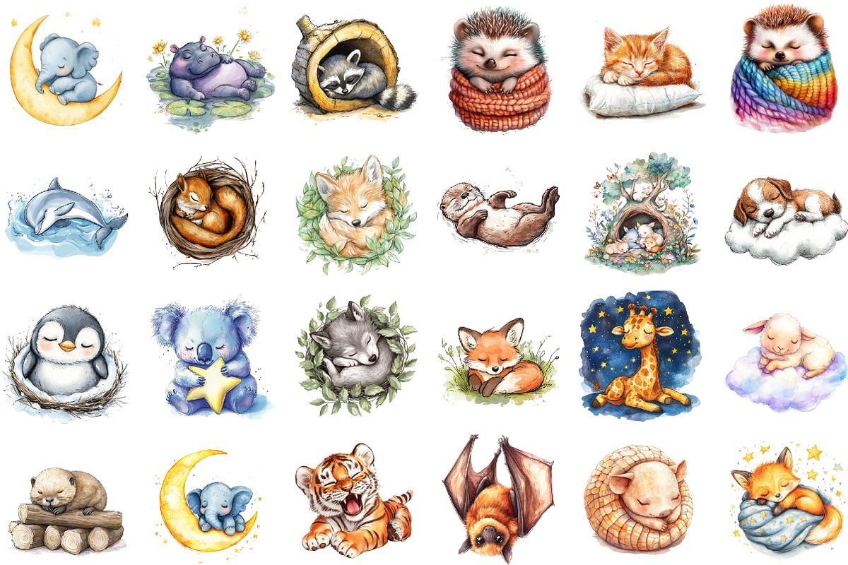 Cute Sleepy Animals Clipart Png Bund, an Illustration by Sublimation Artist (Photo 2 of 6)