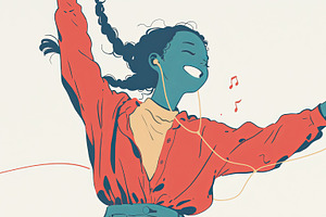 Cheerful young woman enjoying music with earphones and a mobile phone, an Illustration by AS photostudio