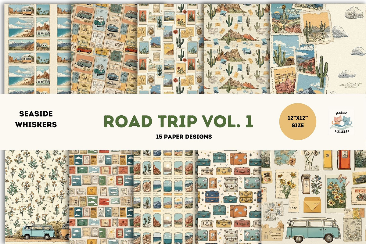 Road Trip Digital Paper Pack Vol. 1, a Transportation Illustration by Seaside Whiskers (Photo 1 of 4)
