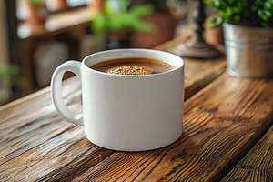 A steaming cup of coffee rests on a rustic wooden table, inviting relaxation an, a Background Photo by ImageMir