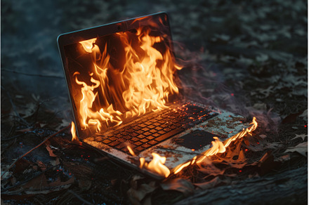 Burning laptop in a dark setting, a Technology Photo by Ylivdesign