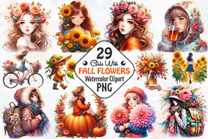Girls with Fall Flowers Clipart, an Illustration by RobertsArt