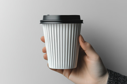 Hand holding a white ribbed coffee c, a Background Photo by Pixeness