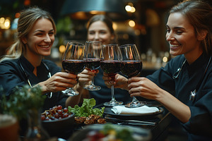 Women celebrating with wine in a coz, a Photo by Tanuart