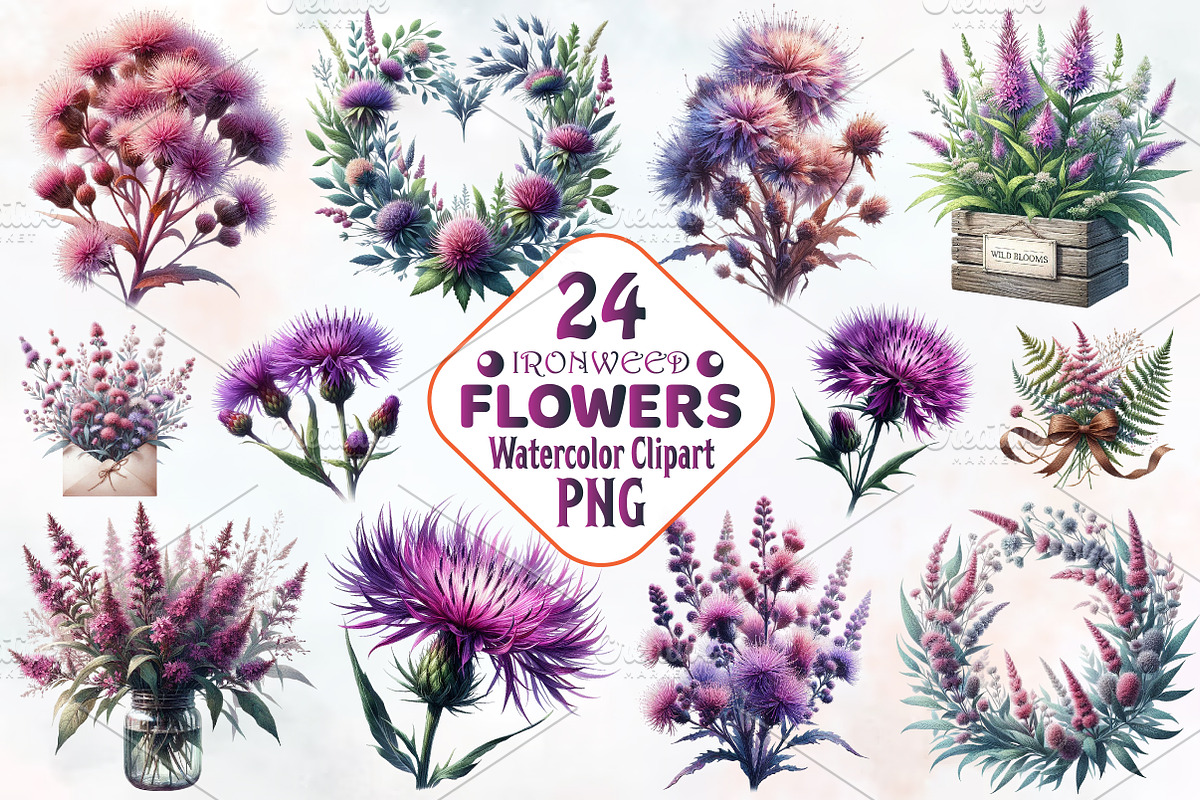 Ironweed Flower Watercolor Clipart, an Illustration by RobertsArt (Photo 1 of 8)
