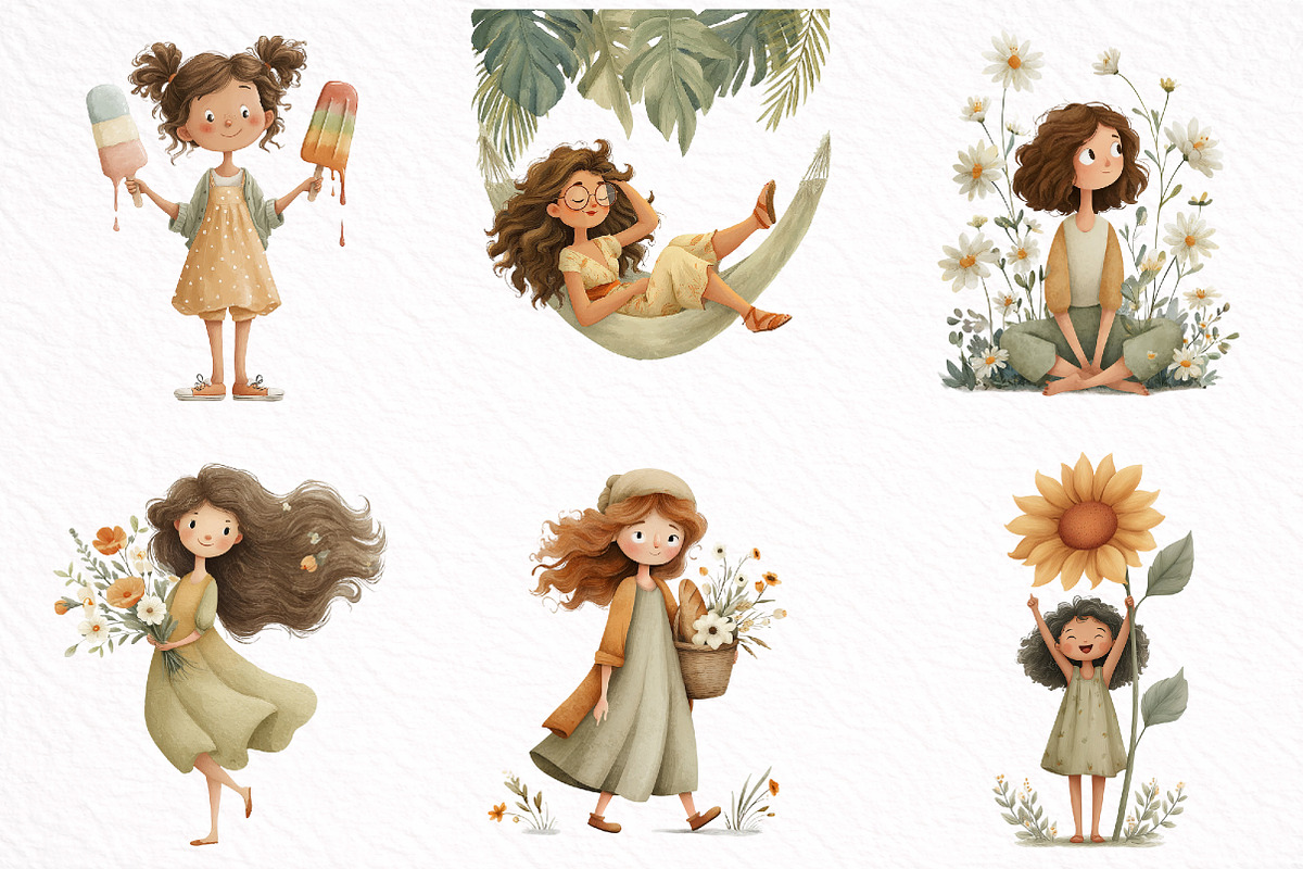 Whimsical Summer Girl Clipart, an Illustration by DreamArtGraphic (Photo 3 of 8)