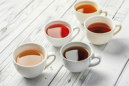 Different cups of aromatic tea on wooden table, a Food & Drink Photo by AlyaAnd