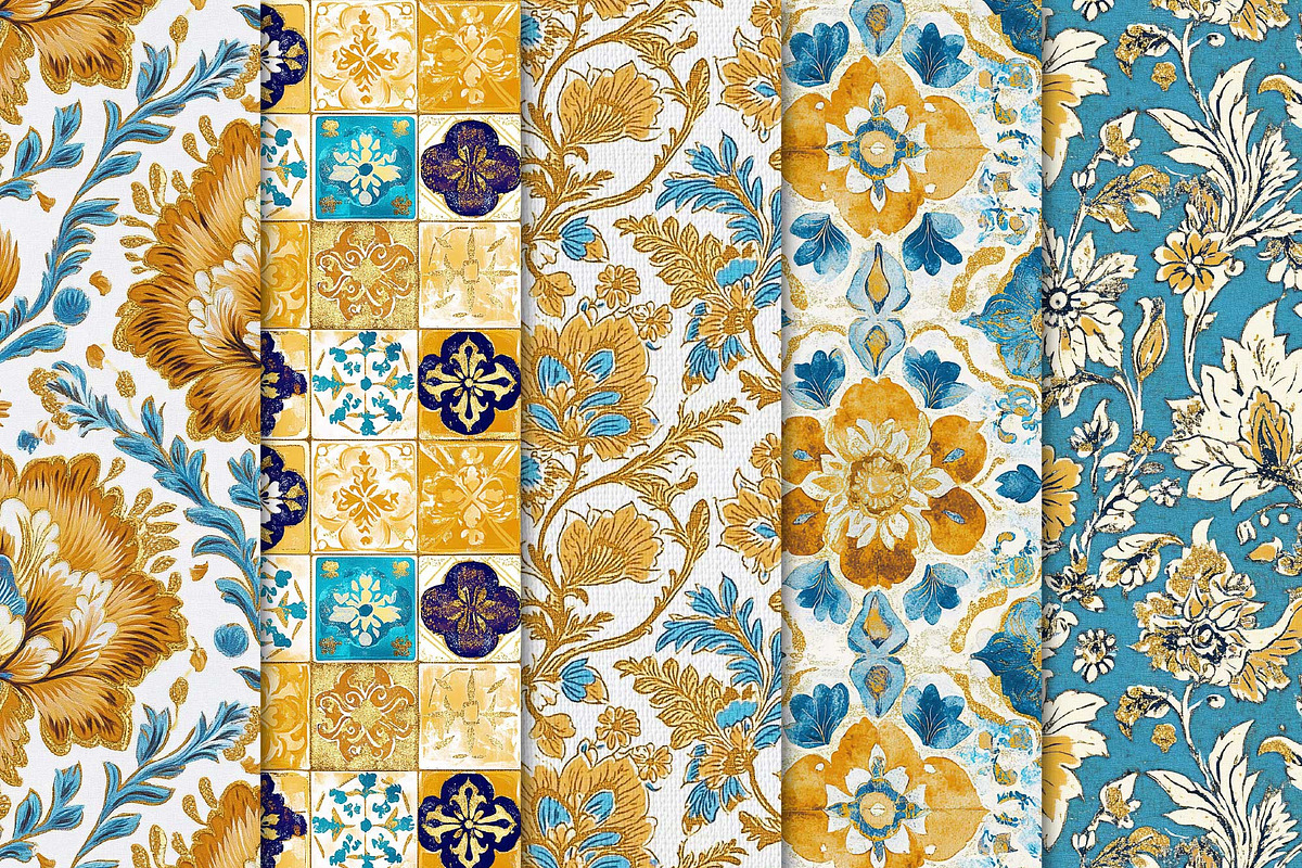 Mustard & Blue Floral Patterns, a Pattern Graphic by Maishop (Photo 2 of 4)