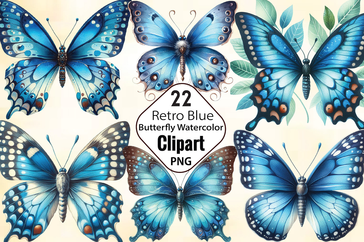 Retro Blue Butterfly Watercolor, an Illustration by CraftArtStudio (Photo 1 of 3)
