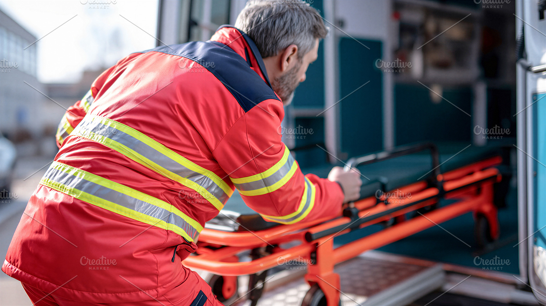 Loading stretcher into ambulance, a Health & Medical Photo by 7DesignLab