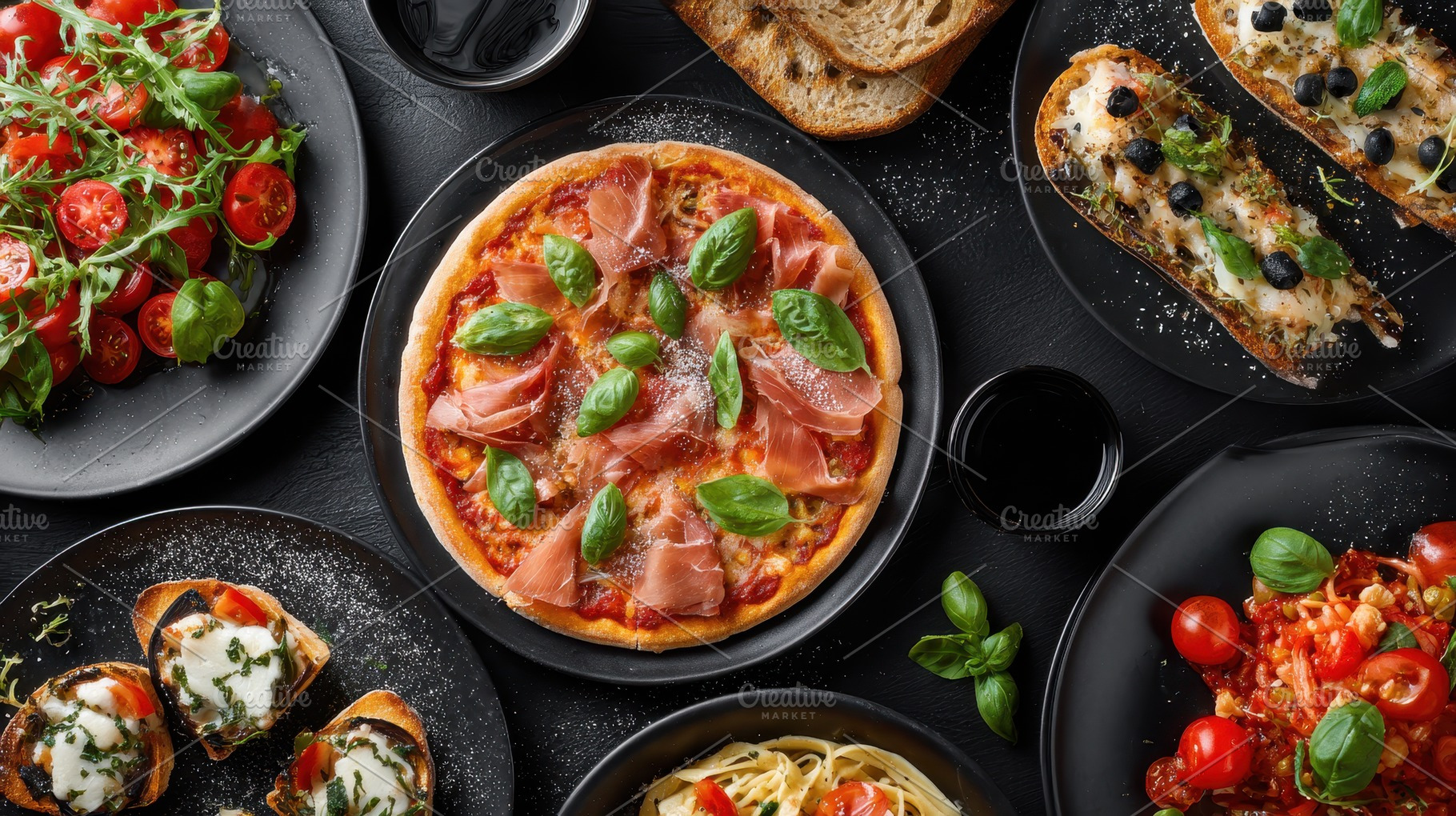 Italian dishes displayed on a table, a Photo by Pavel_design