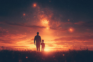 Father and son watching a stunning s, a Photo by Tanuart
