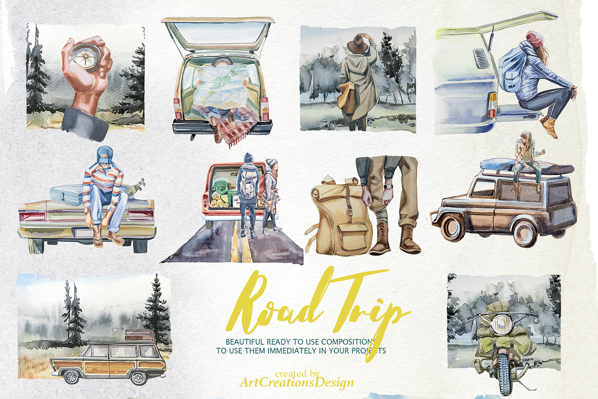 Watercolor Road Trip Clipart Set, a Person Illustration by ArtCreationsDesign (Photo 8 of 19)