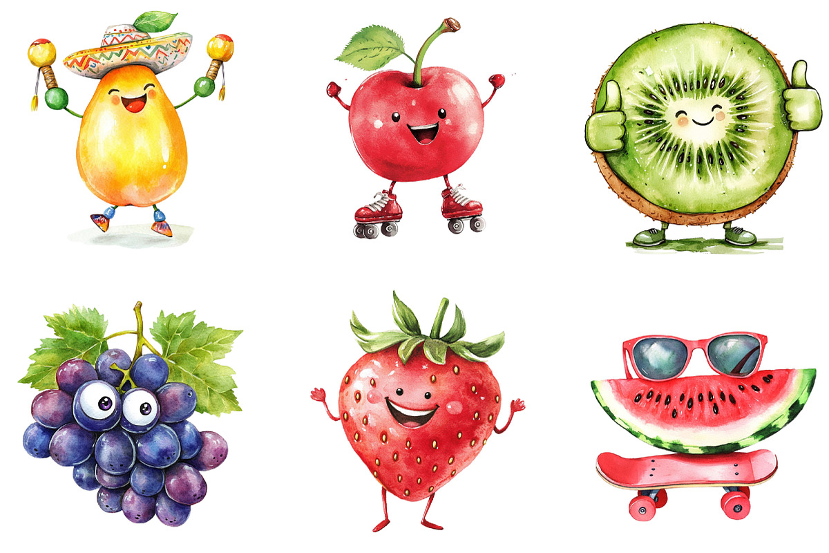 Funny Fruit Watercolor Clipart Bundl, an Illustration by DreamArtGraphic (Photo 3 of 4)