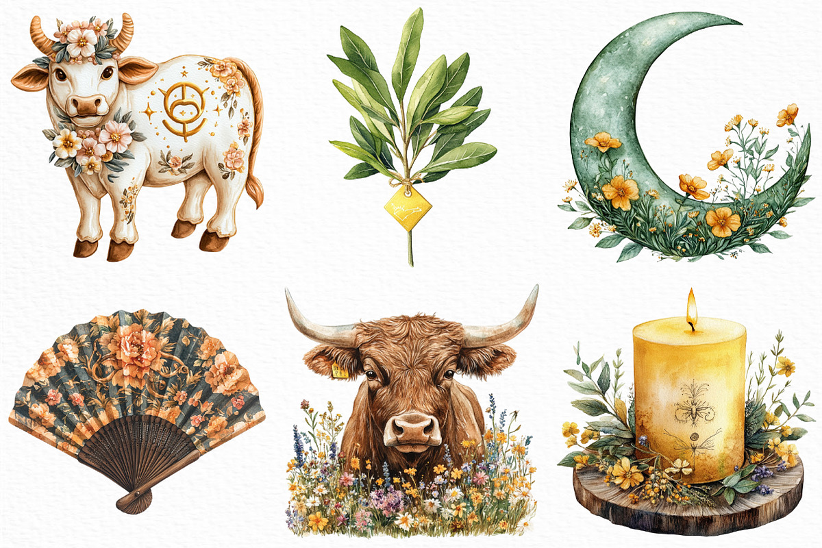Watercolor Taurus Season Clipart, an Illustration by Craft Nest (Photo 5 of 6)