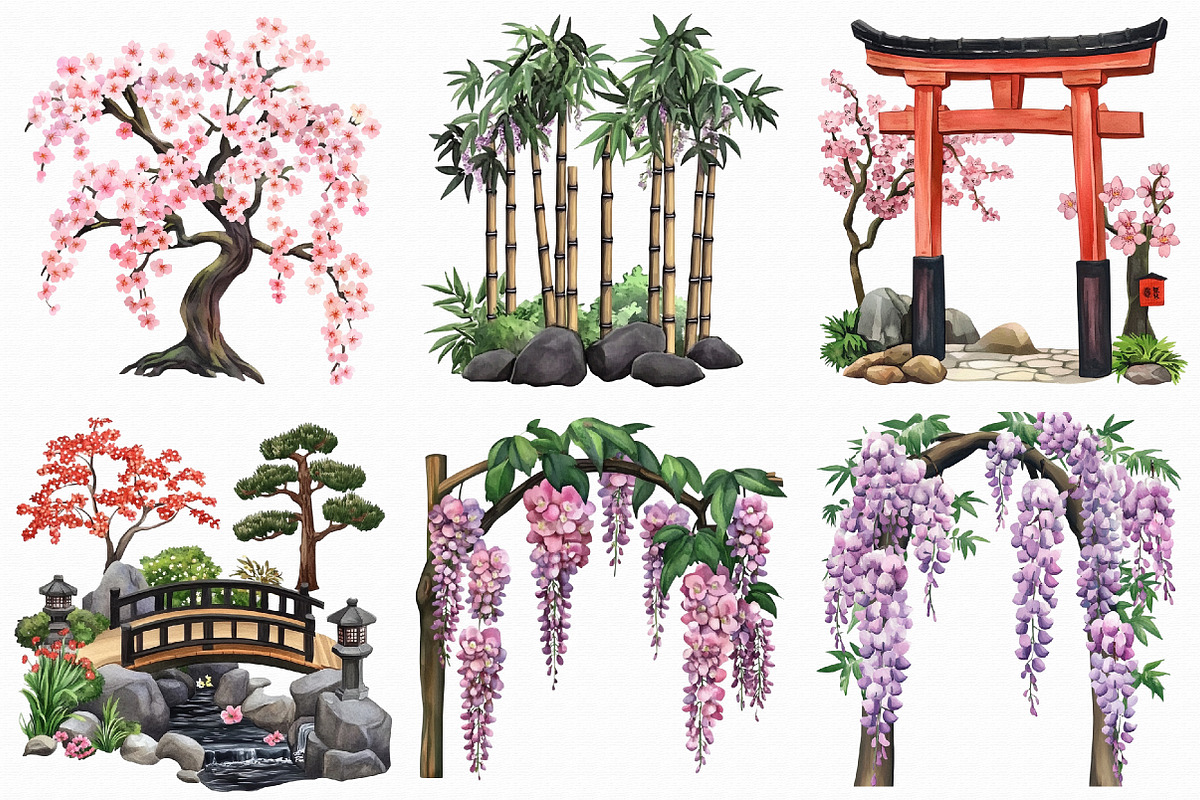 Japanese Garden Watercolor Clipart, an Illustration by Libby Wishes (Photo 2 of 7)