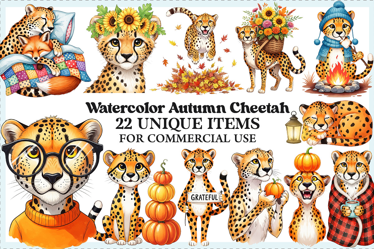 Watercolor Autumn Cheetah Clipart, an Illustration by Craft Nest (Photo 1 of 9)