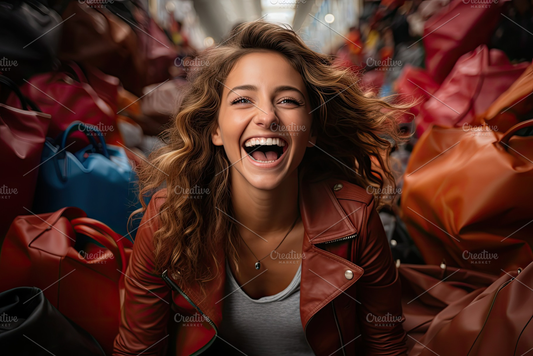 Happy girl laughing surrounded by nu, a Photo by SaroStock