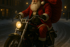 Santa Claus riding motorcycle with toy sack on snowy night, a Holiday Photo by GoodGoods
