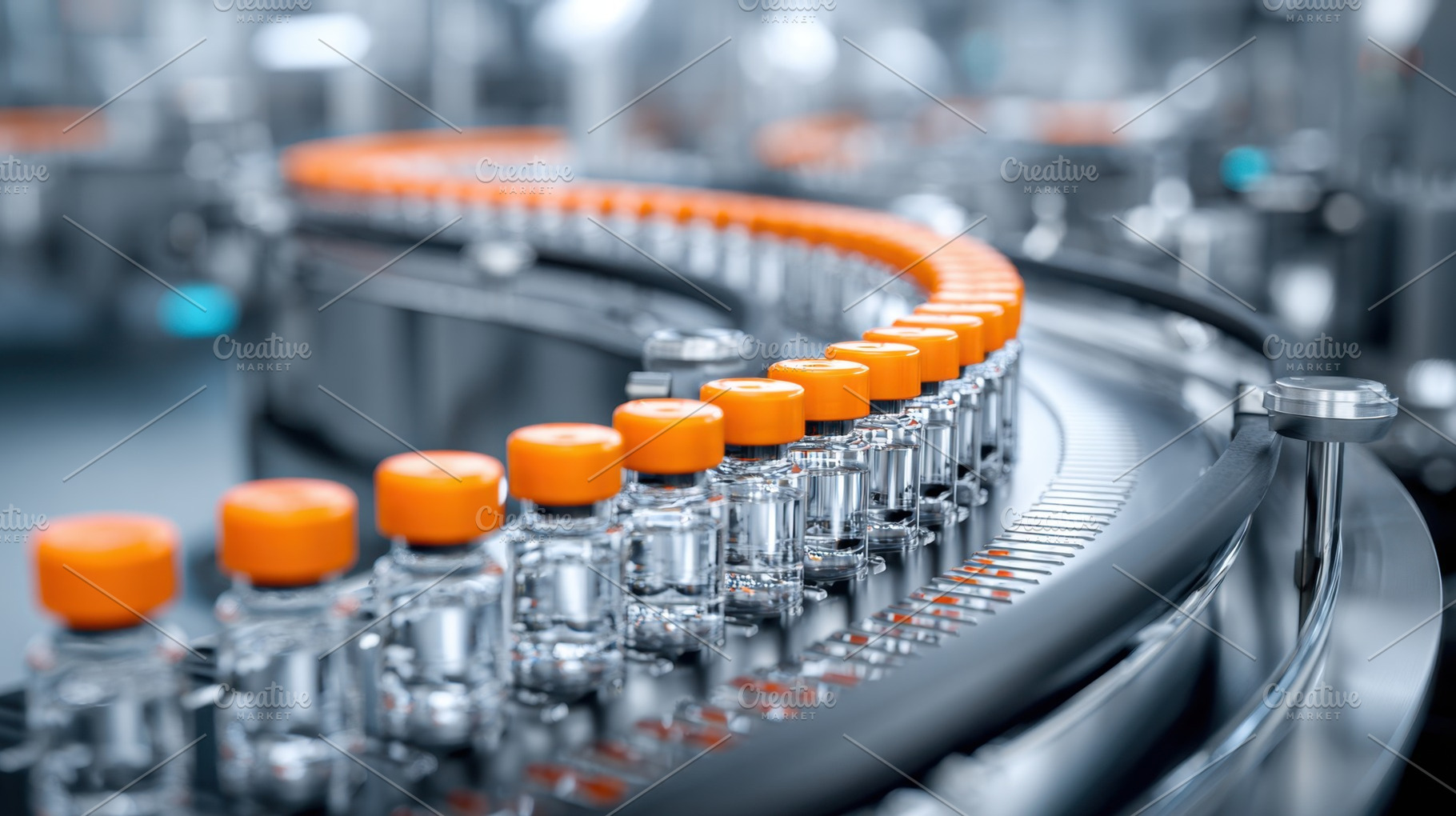 Vials on factory conveyor, a Photo by Beautiful things
