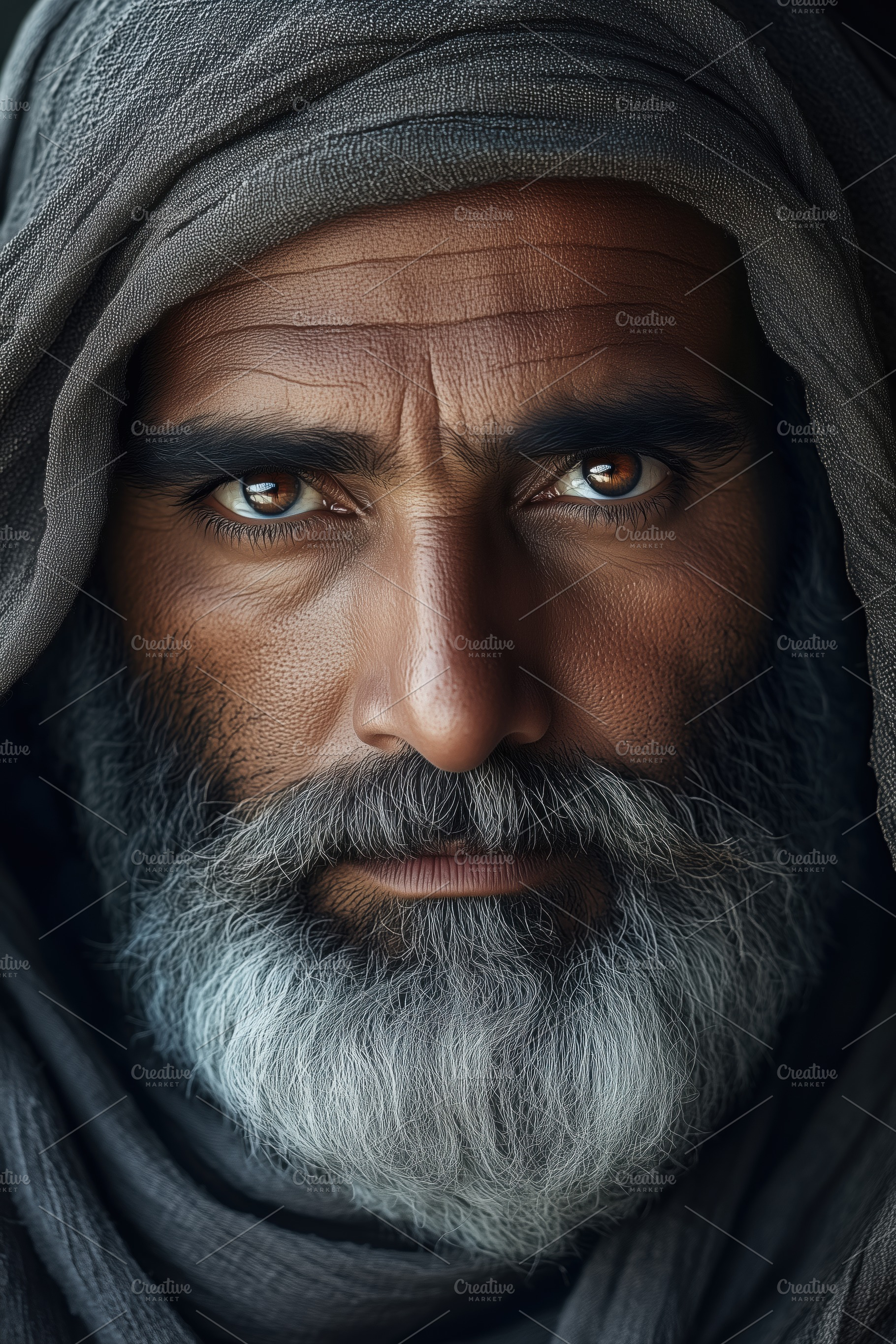 A close-up portrait of a mature arabic man with a thick beard and intense gaze,, a Person Photo by Textures & Backgrounds