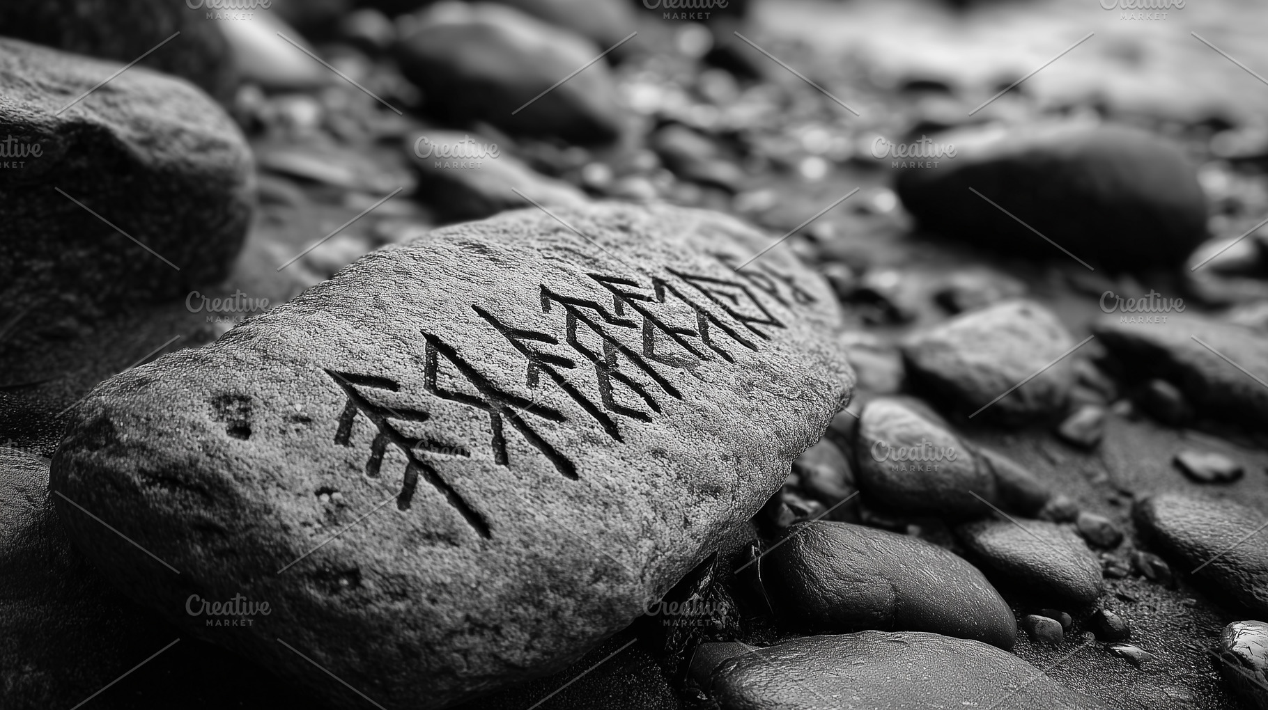 Stone with ancient runes carved into, a Nature Photo by MistyDay
