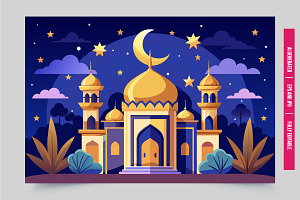 Mosque golden domes crescent moon, an Illustration by Tanuart