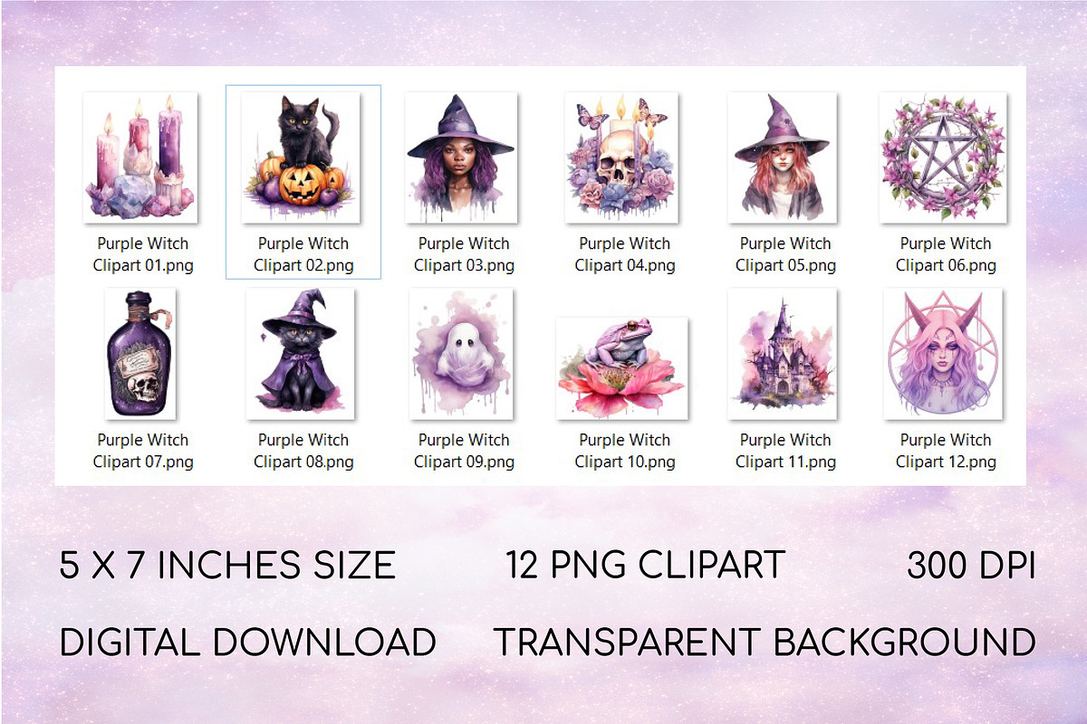 Purple Witch Clipart Bunde 12 PNG, a Decorative Illustration by Orange Brush Studio (Photo 2 of 4)