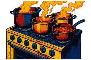 Pots Cooking Stew on Gas Stove, a Food Illustration by AlexArt