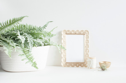 Minimal desk photo gold & greenery featuring styled stock photography