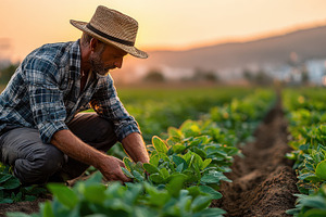 Farmer tending crops at sunset golde, a Photo by Pixeness Studio