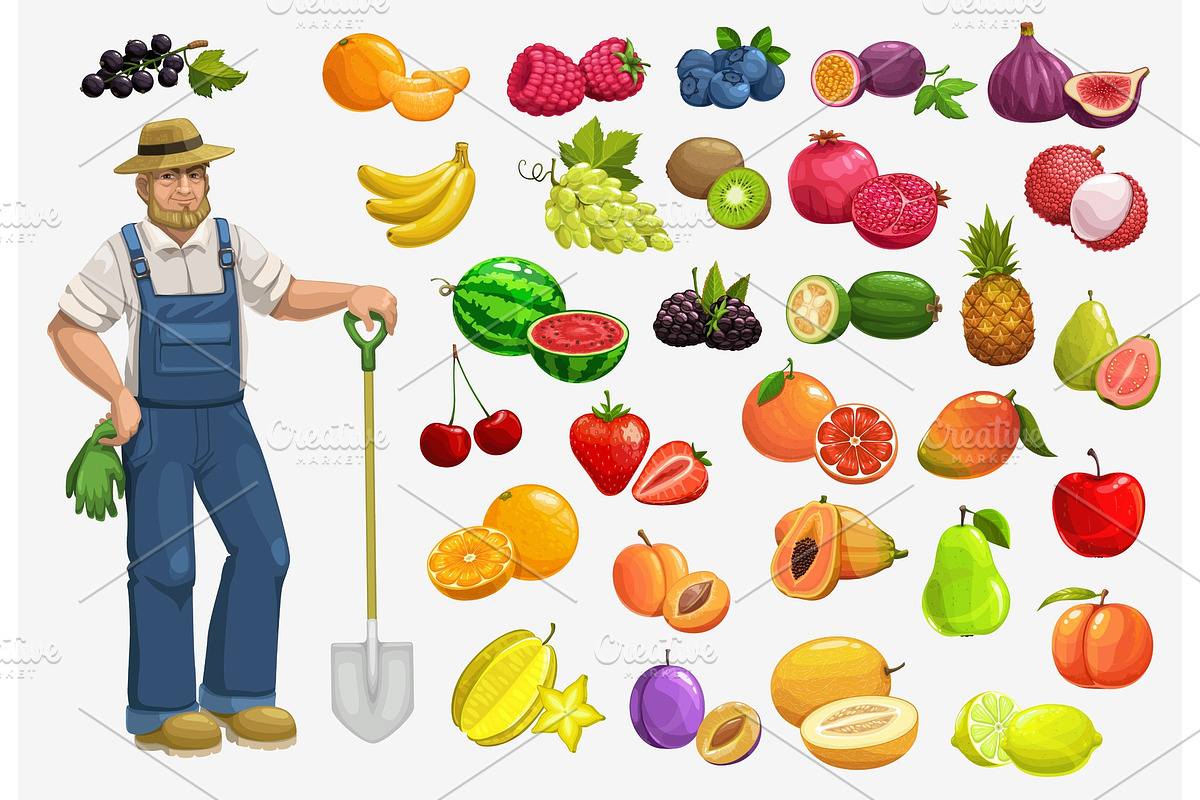 Farmer with fruits and berrieы, a Food Illustration by Vector Tradition