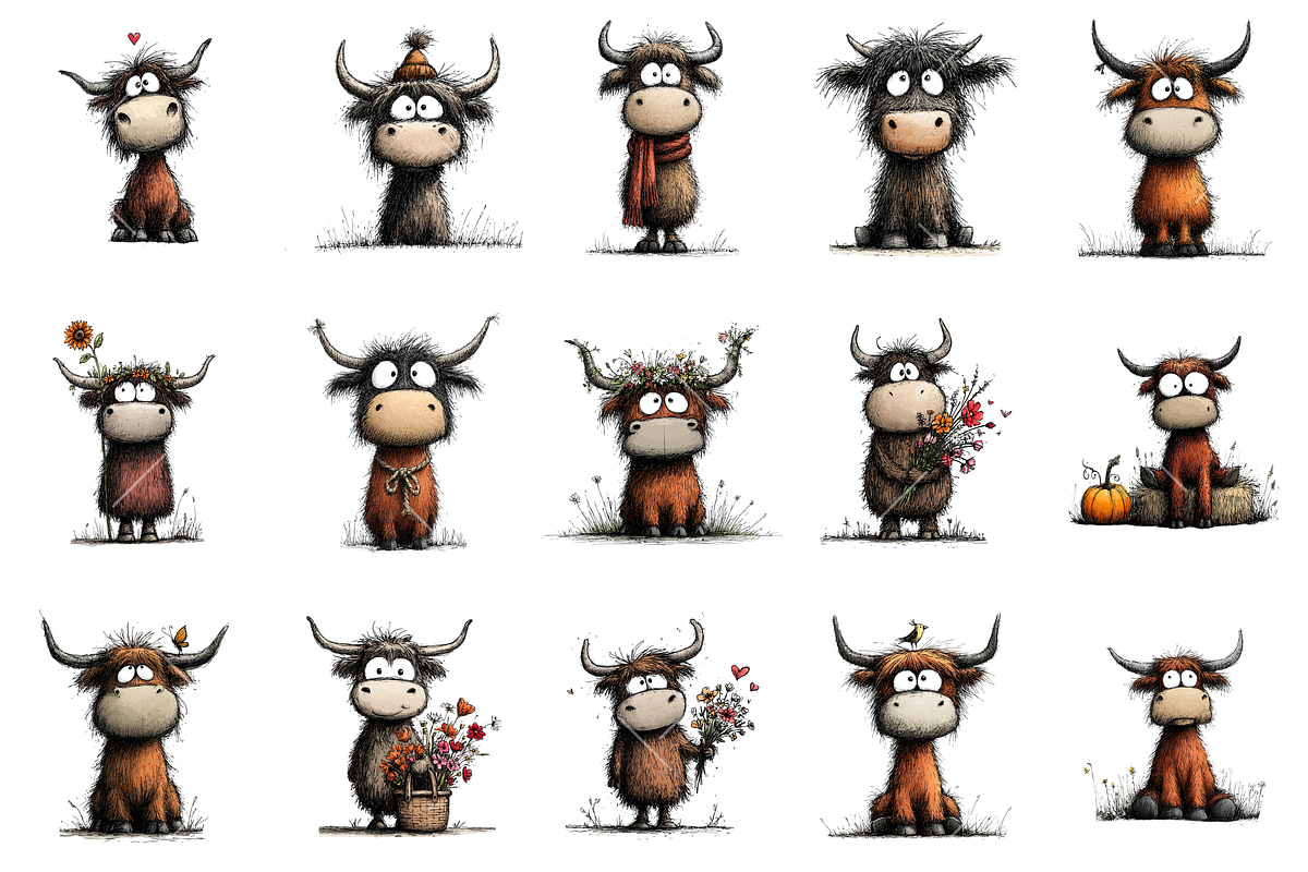 Whimsical Highland Cow Clipart, an Illustration by OK Design (Photo 3 of 6)