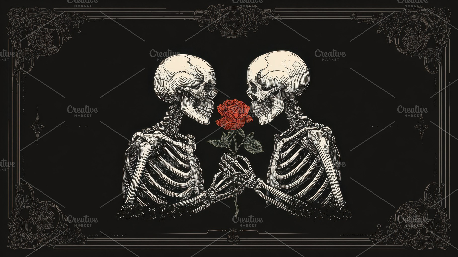 Skeletons hold a rose in dark scene, a Photo by Beautiful things