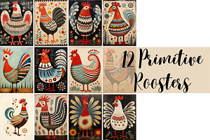 Folk Art Rooster Illustration Set, an Animal Illustration by Mashimara
