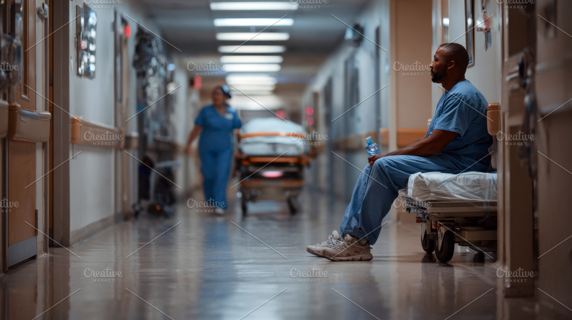 Man in hospital hallway at night, a Photo by Beautiful things