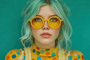 Trendy young woman with turquoise hair wearing yellow sunglasses, a Photo by José Manuel Gelpi