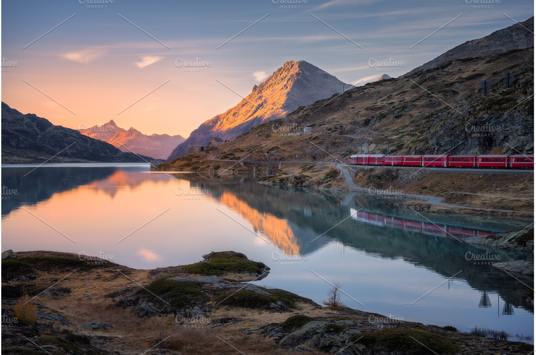 Aerial view of Bernina Express train, a Transportation Photo by den-belitsky