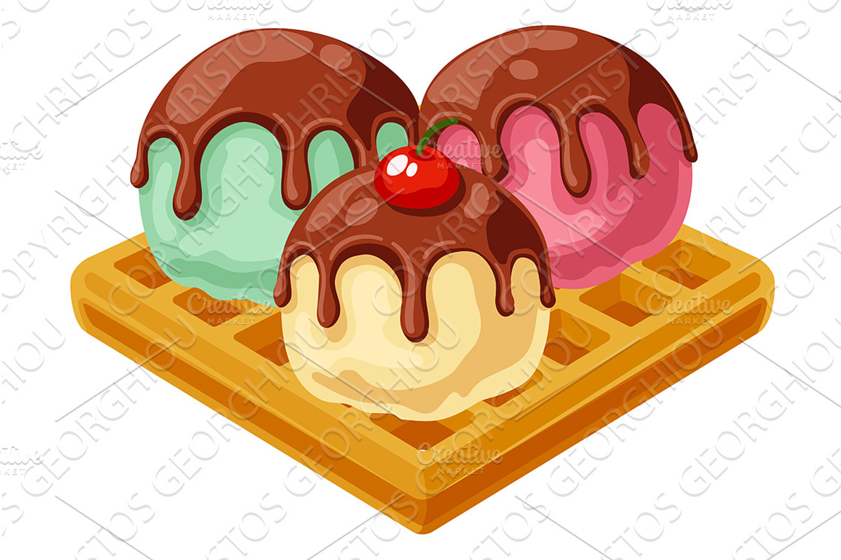 Ice Cream Scoops on Waffle Dessert, a Food Illustration by Christos Georghiou