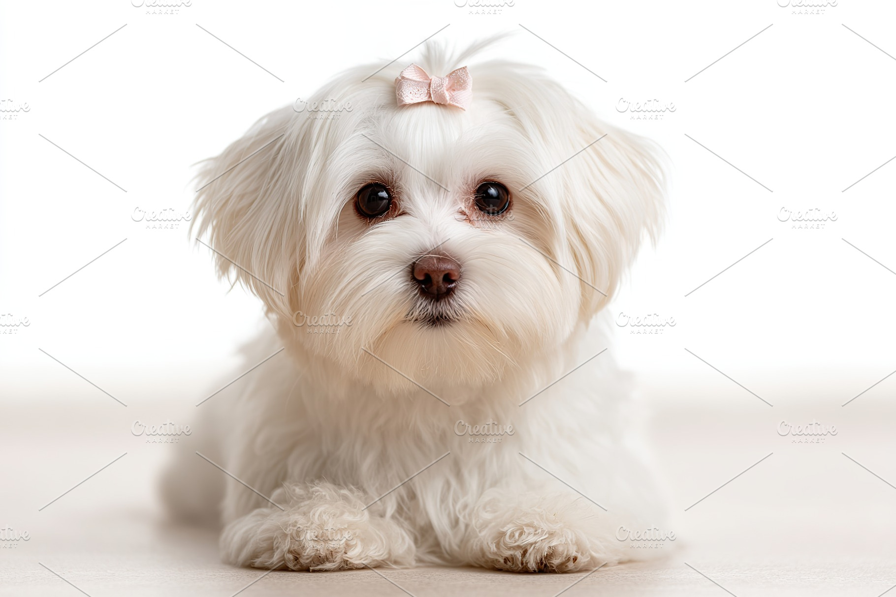 Small white dog with a cute bow sitting calmly against a light background, an Animal Photo by AlyaAnd