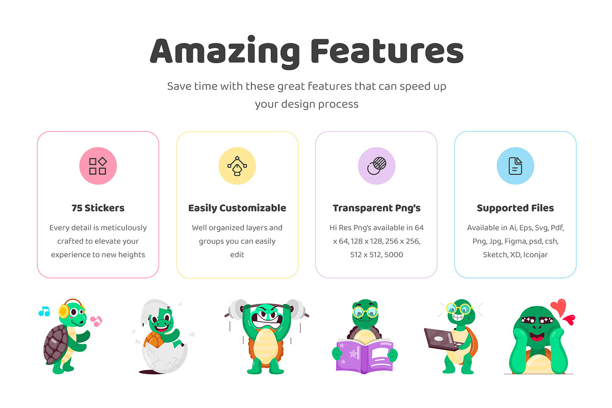 Turtle Cartoon Stickers Set, an Emoji Icon by Vectors Market (Photo 2 of 6)