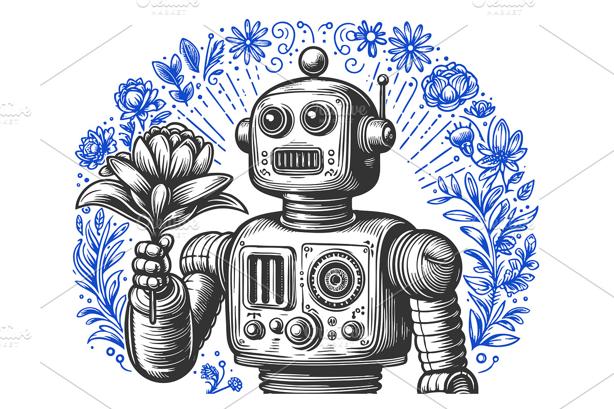 robot holding flower with floral, a Technology Illustration by AlexArt