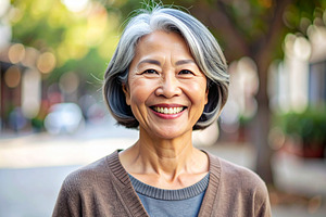 Mature asian woman with short silver hair and a radiant smile, a Person Photo by DanFLCreativo