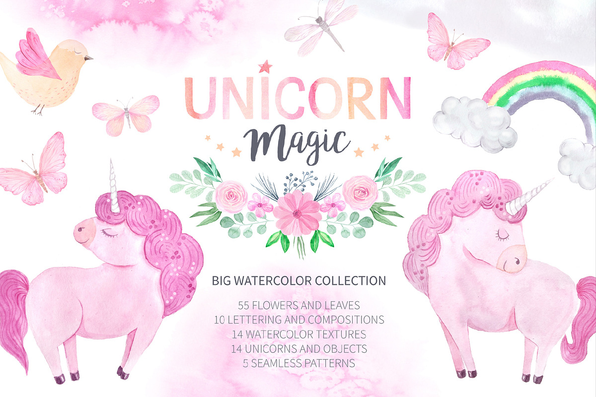 Watercolor Unicorn Design Set, a Decorative Illustration by LarysaZabrotskaya (Photo 1 of 10)