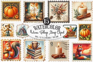 Watercolor Autumn Postage Stamp PNG, an Illustration by Designking