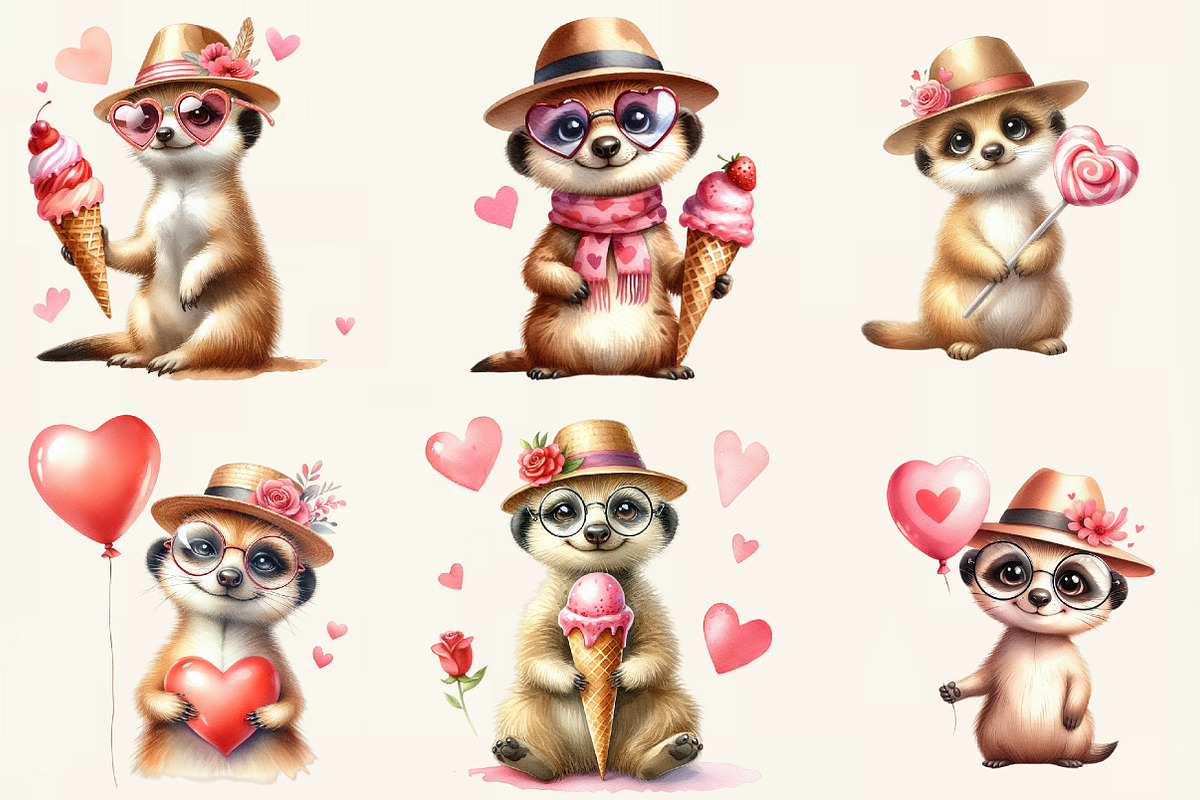 Watercolor Valentine Day Meerkat, an Illustration by DreamCafeArt (Photo 2 of 6)